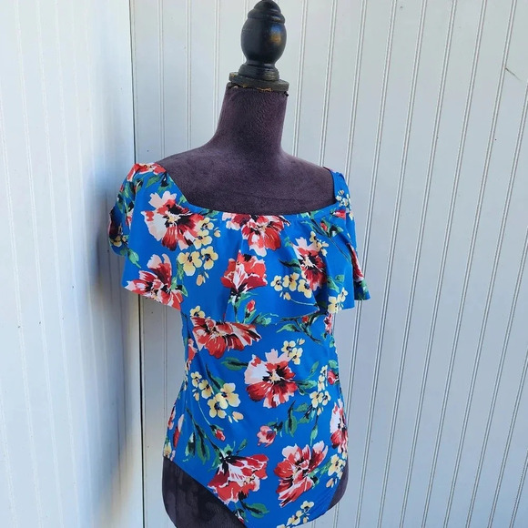 Ralph Lauren One Piece Swimsuit Off Shoulder Floral Blue Pink Print Sz 12 - Picture 9 of 16